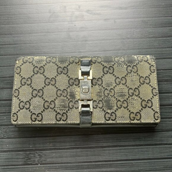 Gucci Wallet Canvas Leather Navy Round Zip Long Wallet Authentic|Used - Picture 1 of 4